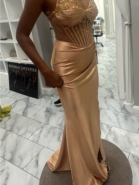 Champagne Satin Embellished Corset Gown